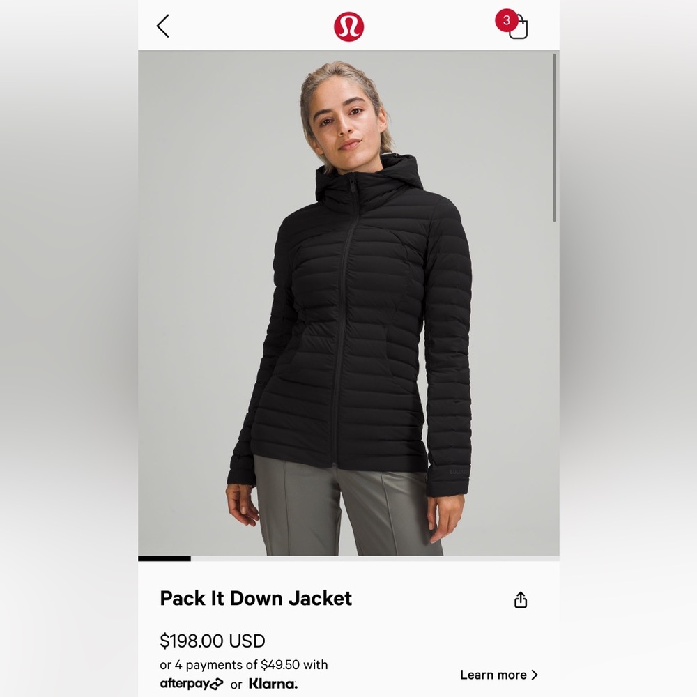Lululemon Pack It Down Jacket black sz6